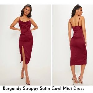 Pretty little thing Burgundy strappy satin cowl midi dress